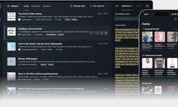 the Readwise Reader interface on a browser and on an iPhone